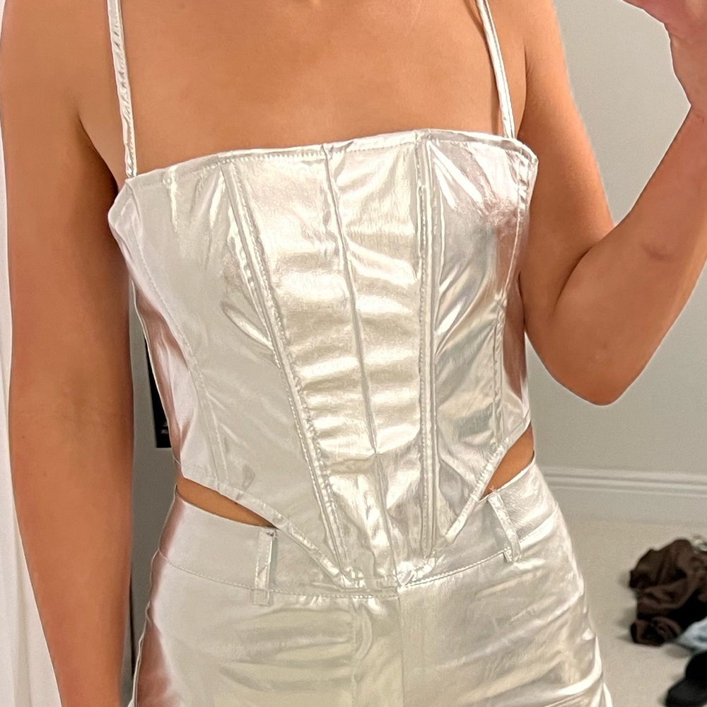 EGO metallic silver set CORSET top and pants NWT